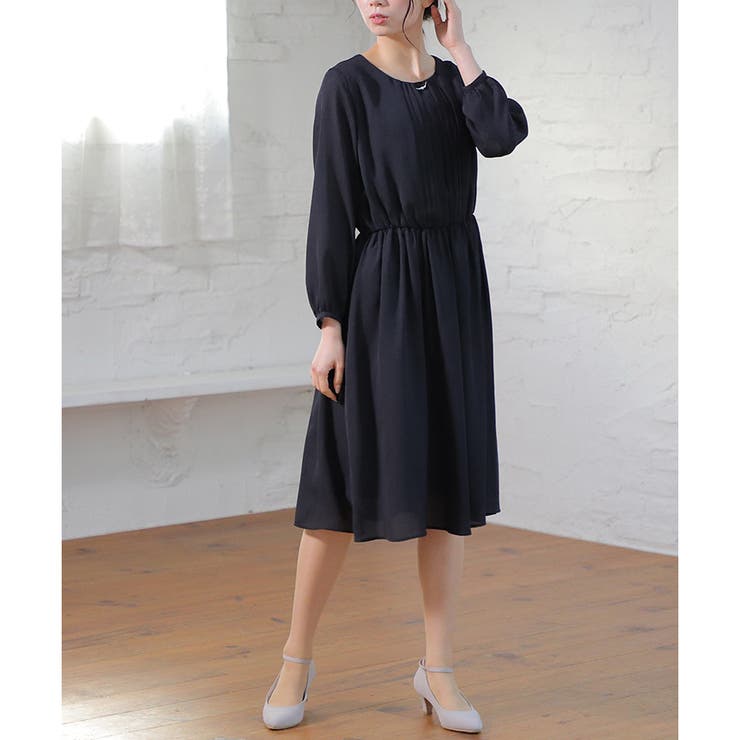 ネイビー | 【ハニーズ】ワンピース 長袖 ミモレ丈 | Honeys