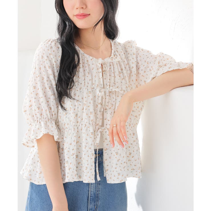 アイボリー花柄 | トップス ブラウス リボン付き | Honeys