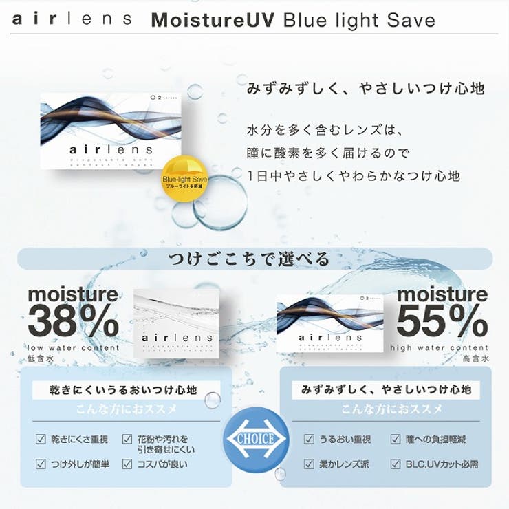 クリア コンタクト 1箱 2枚入 ブルーライト軽減 UVカット エアレンズ モイスチャーUV ブルーライト セーブ 1day 高含水