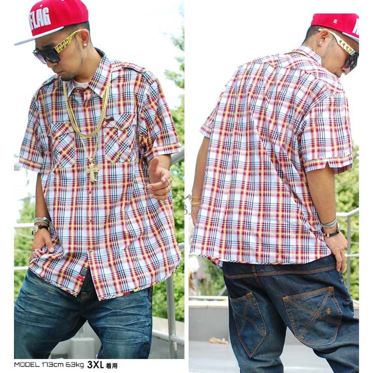 ROCAWEAR ロカウェア ≪赤系チェック柄シャツ≫半袖シャツ【Lサイズ