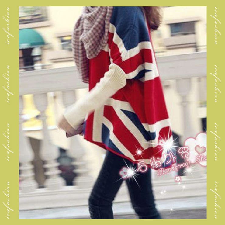 ユニオンジャック柄 ゆったりドルマンスリーブポンチョ風vネックニットセーター 品番 Aikw Ica アイカ のレディースファッション 通販 Shoplist ショップリスト