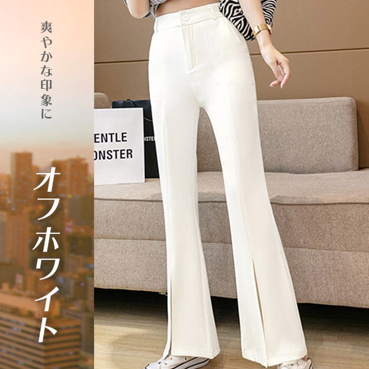 フロントスリット入り 9分丈ストレッチフレアパンツ ストレッチ