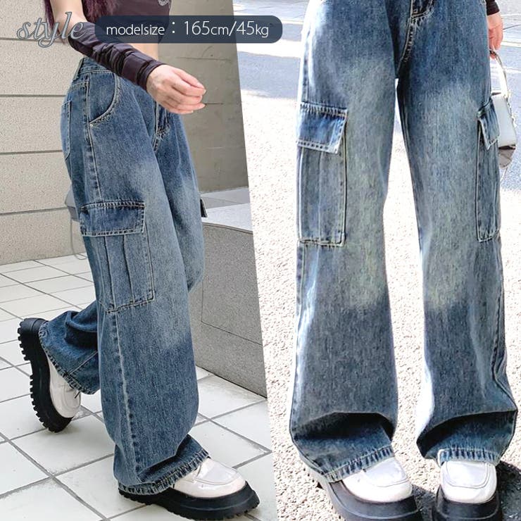 ゆったりワイドレッグブーツカットハイウエストデニムカーゴパンツストレートデニムパンツワイドパンツジーパンジーンズ大きいサイズヴィンテージベイカーカジュアル脚長春夏秋冬レディース