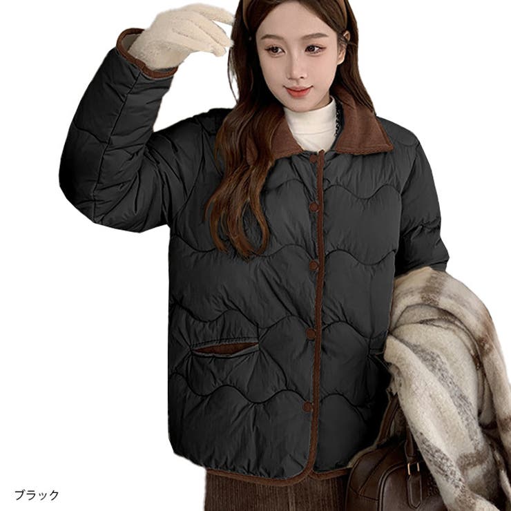 可愛い バイカラー パイピング デザイン ステンカラー ミドル丈 キルティングジャケット 中綿ジャケットフェイクダウンジャケット 軽量 ふんわり 暖かい 防寒 大きいサイズ きれいめ カジュアル 秋 冬 レディース