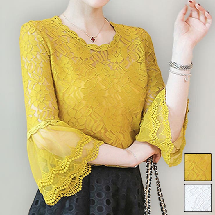 高級感のあるシースルーレース素材 ゆったりベルスリーブ 七分袖 品番 Aikw Ica アイカ のレディースファッション通販 Shoplist ショップリスト