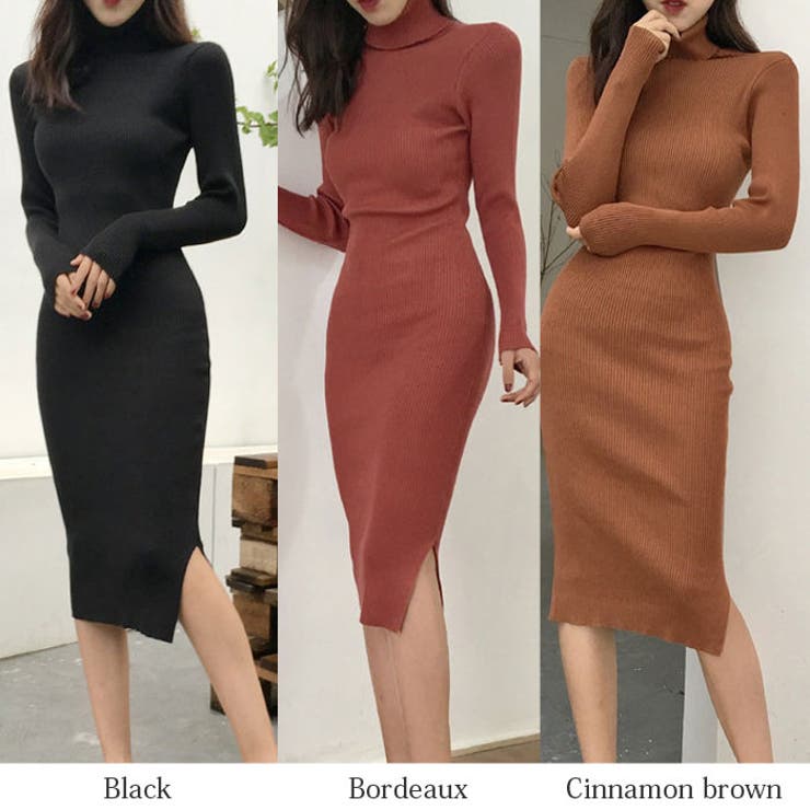 美しいタイトなシルエット タートルネック膝丈リブニットワンピース タイトワンピース
