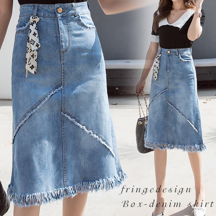 ストレッチデニム素材 裾フリンジ切り替えデザイン 膝丈ボックスデニムスカート 品番 Aikw Ica アイカ のレディースファッション通販 Shoplist ショップリスト