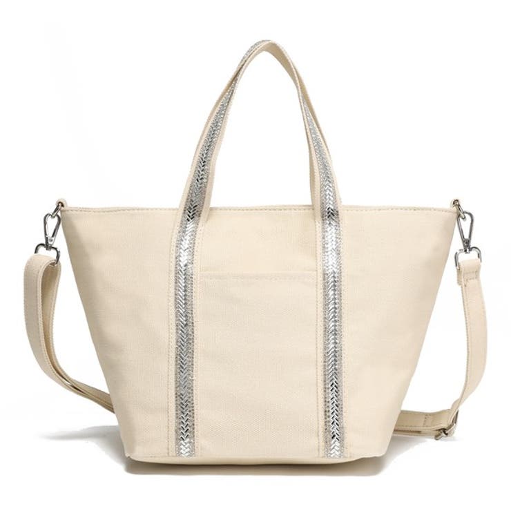 ベージュ | 【AM516】2wayラインストーンテープ キャンバストートバッグ ショルダーバ… | idadi