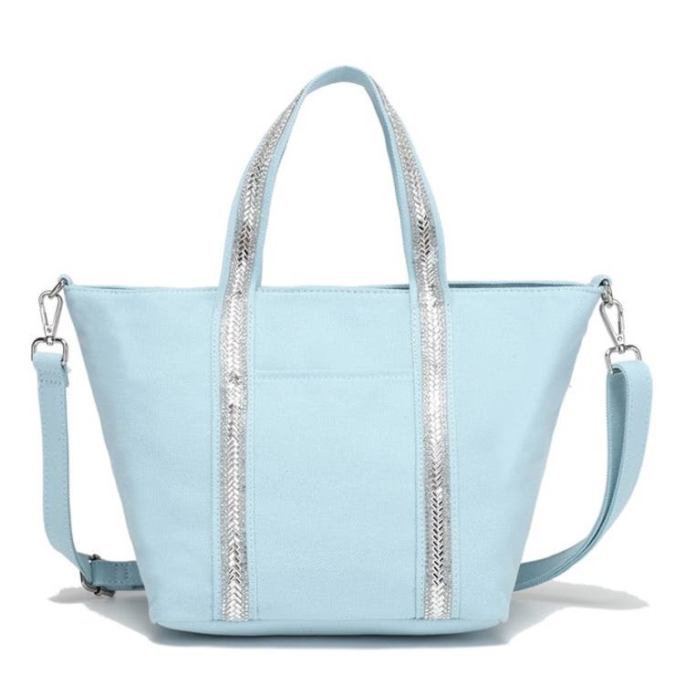 ブルー | 【AM516】2wayラインストーンテープ キャンバストートバッグ ショルダーバ… | idadi