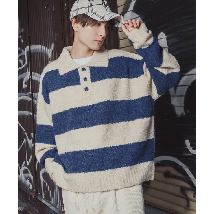 ブルー | ニット ラガーシャツ ポロカラーセーター | improves