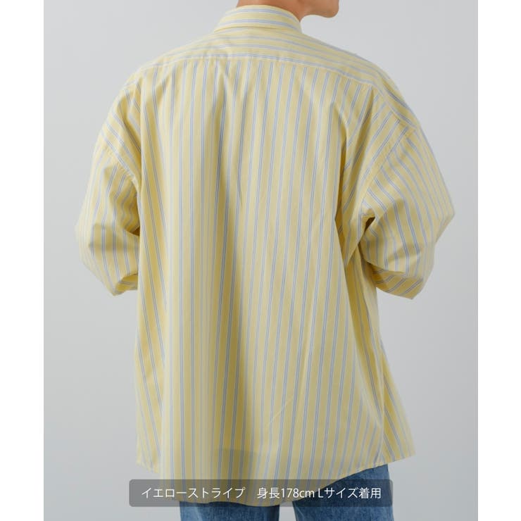 淡い黄色 ストライプ シャツ 五分袖 綿100% M.R.M コットン ゆったり