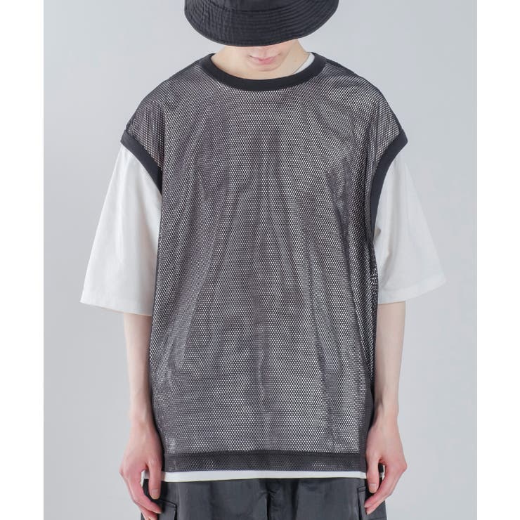 ブラック | メッシュベスト×半袖Tシャツ アンサンブル メンズ | improves