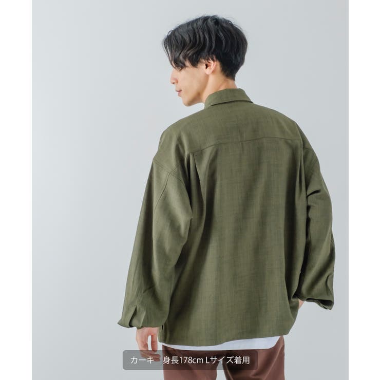 kapuwa 美品 カーキ色 長袖シャツ・タッセル付き　レア 手洗い可能〉シアー シルク混 オープンカラー シャツ （シャツ