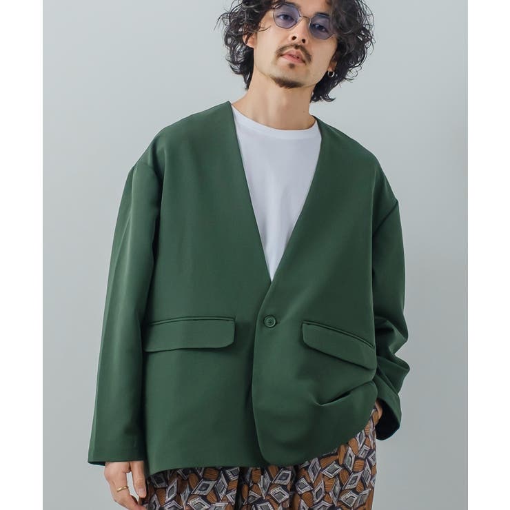 ウール100%グリーンのノーカラージャケット