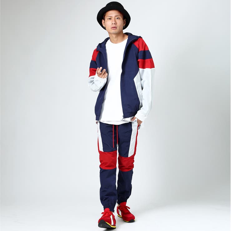 フェノメノン　青赤白ストライプ　ナイロンパンツ ナイロンパンツ メンズ ラインパンツ[品番：IP000004204]｜improves