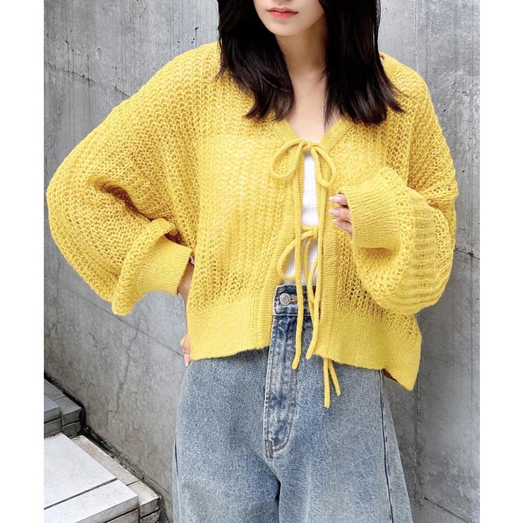 1点モノ★ヴィンテージリボンヤーンニット★黄色イエロートップスヨーロッパ 1点モノ☆ヴィンテージリボンヤーンニット☆黄色イエロー