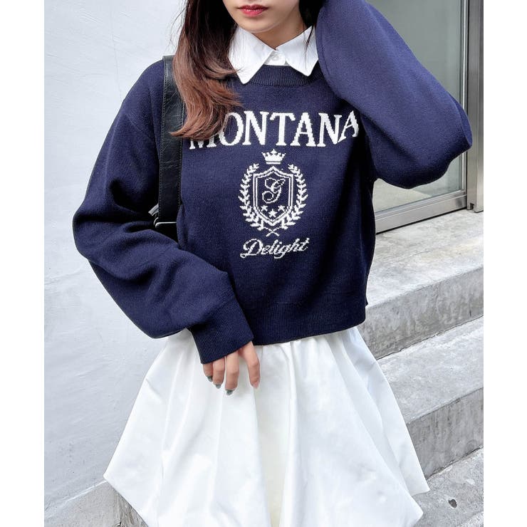 ホワイトニットセーター 長袖 エンブレム付き シャツ衿付エンブレムロゴニット[品番：INGW0010614]｜INGNI （イング