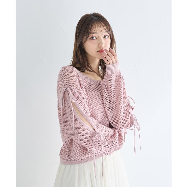 7Gメッシュショルダースリットリボンニット[品番：INGW0010662