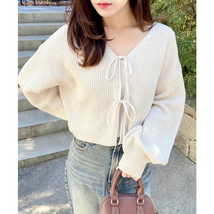 アイボリー | Vネックフロントリボンニットカーディガン | INGNI 