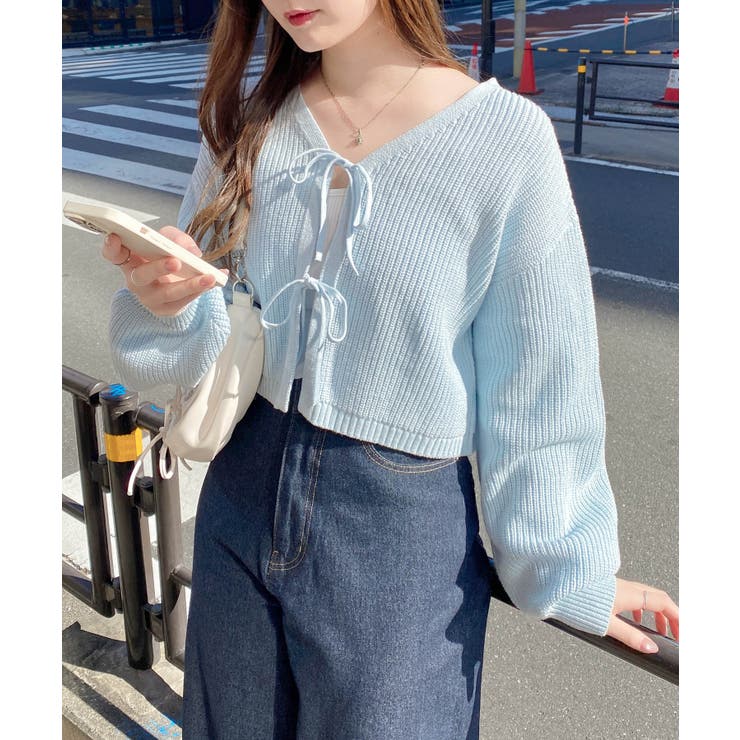 サックス | Vネックフロントリボンニットカーディガン | INGNI 