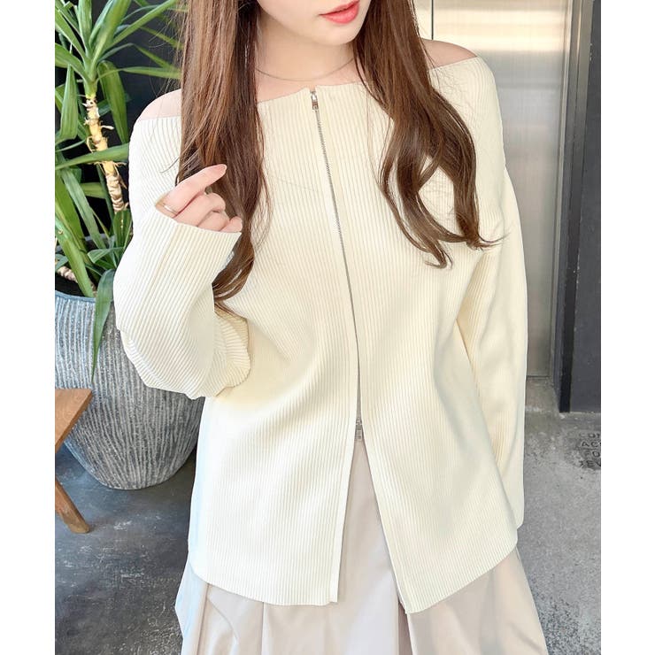 オフホワイト | オフショルジップニットカーディガン | INGNI 