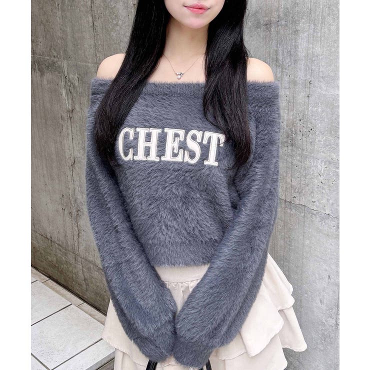 チャコールグレー/オフホワイト | 7Gオフショルレザー貼付ロゴシャギーニット | INGNI 