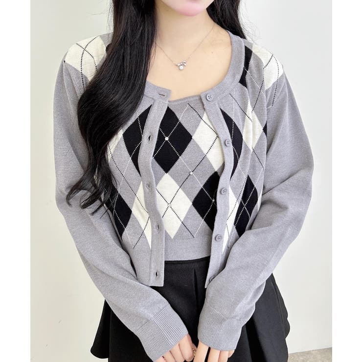 グレー | 12Gアーガイルクルーネックニットカーディガン+キャミセット | INGNI 