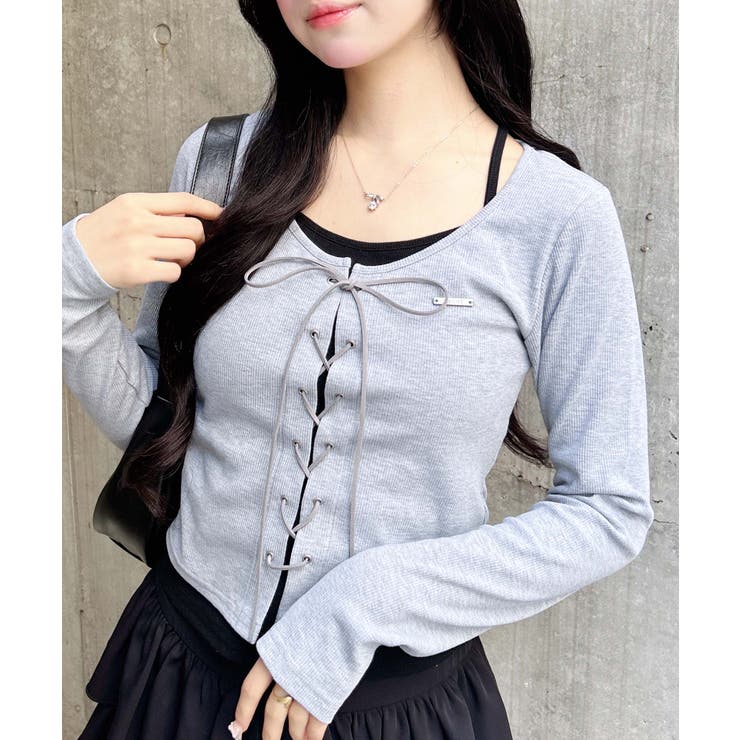 グレー/クロ | キャミレイヤード風リブレースアップTOPs | INGNI 
