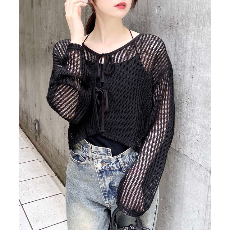 クロ | 【WEB限定】フロントリボンメッシュカットカーディガン | INGNI 