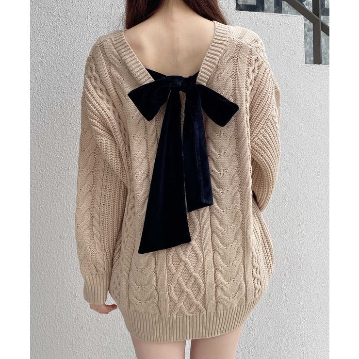 ベージュ/クロ | 5G Backベロアリボンケーブルチュニックニット | INGNI 