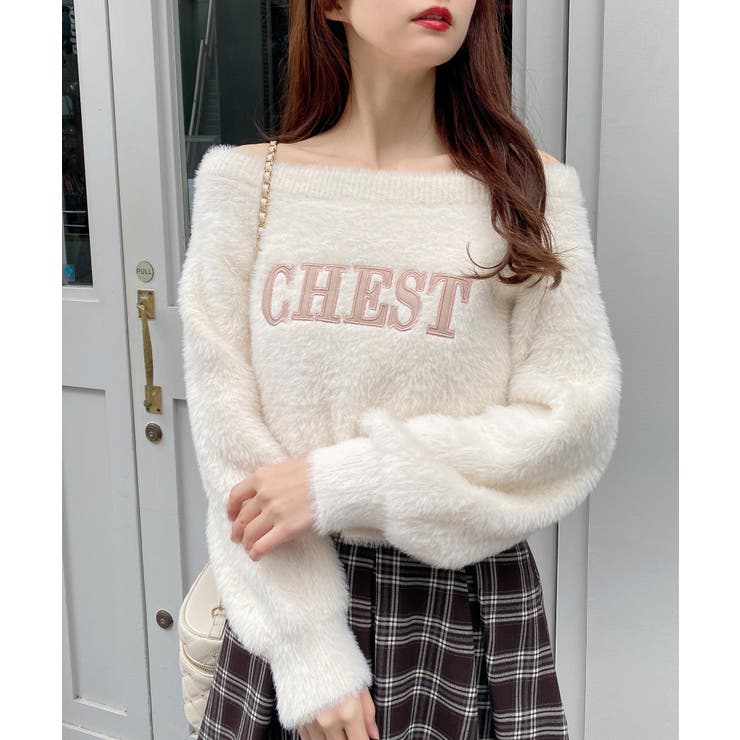 オフホワイト/ベージュ | 7Gオフショルレザー貼付ロゴシャギーニット | INGNI 