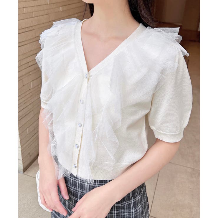 オフホワイト | チュールフリル半袖ニットカーディガン | INGNI 