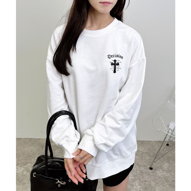 オフホワイト/クロ | Backレザー貼付クロスロゴ裏毛チュニック | INGNI 