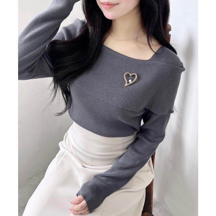 チャコールグレー | 12Gブローチ付オフショルニット | INGNI 