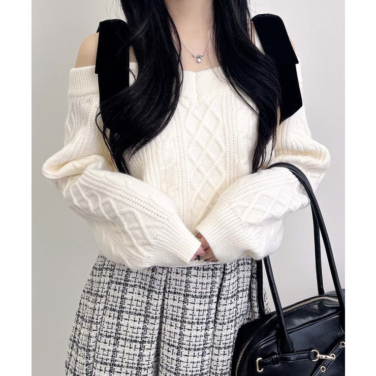 アイボリー | 7G 2WAYベロアリボンオフショルケーブルニット | INGNI 