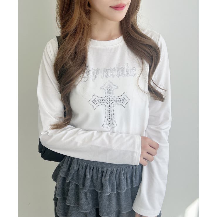 オフホワイト | ラインストーンクロスロンティー | INGNI 