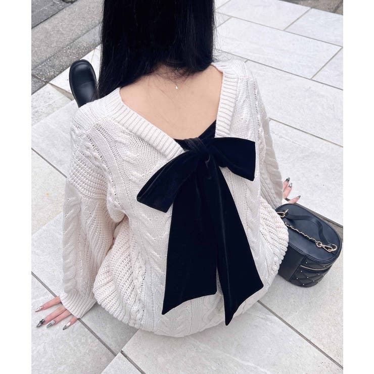 アイボリー/クロ | 5G Backベロアリボンケーブルチュニックニット | INGNI 