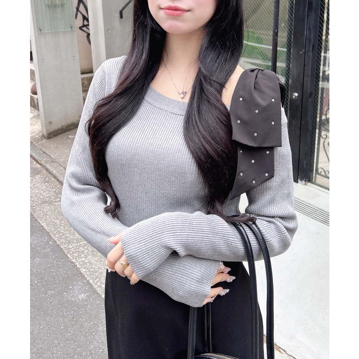 グレー | 12Gワンショル肩リボンビジュー付ニット | INGNI 