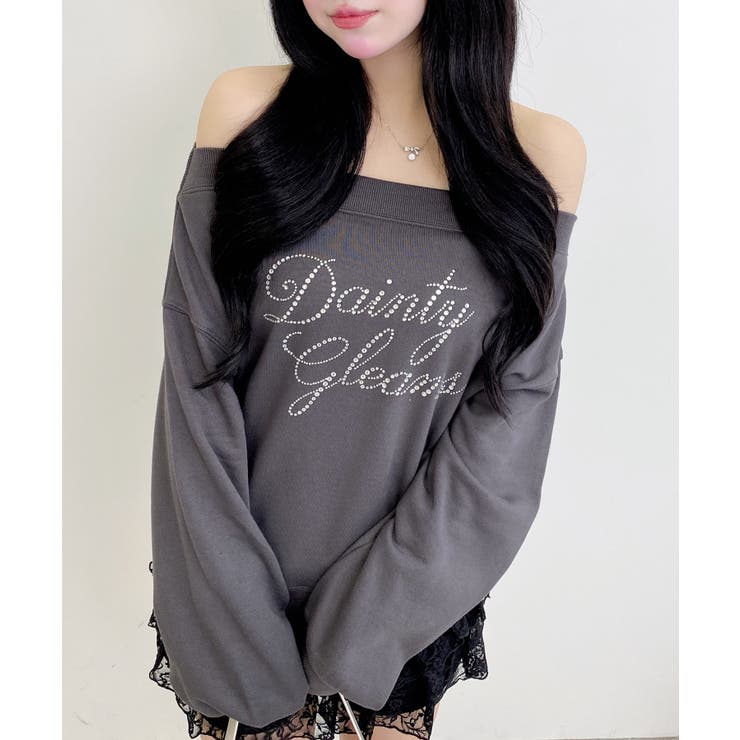 チャコールグレー | ラインストーンロゴオフショルショート裏毛トップス | INGNI 