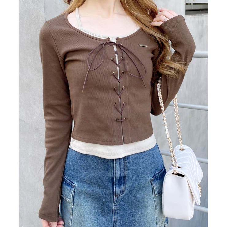 ブラウン/ベージュ | キャミレイヤード風リブレースアップTOPs | INGNI 