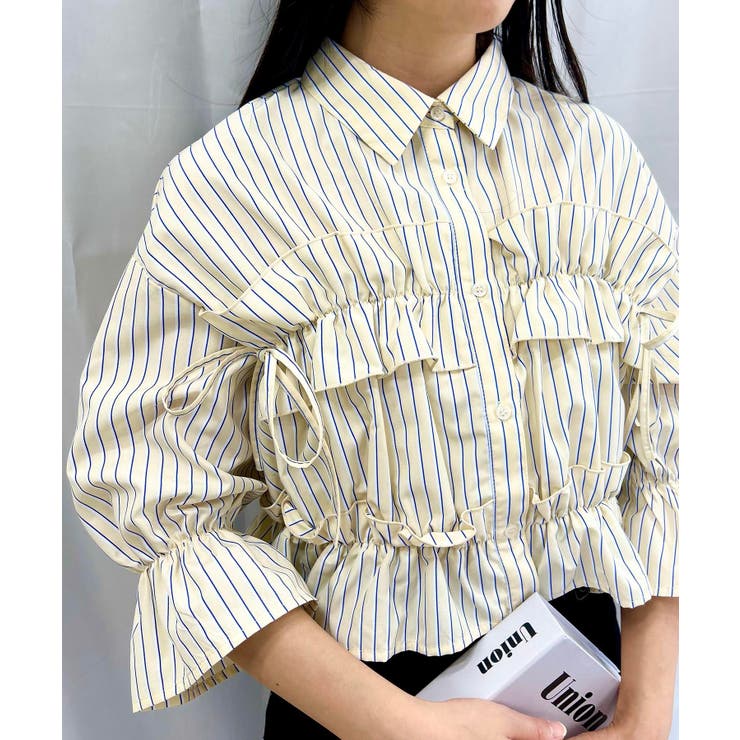 イエロー/ストライプ | 【WEB限定】フリルリボンショート5分袖シャツ | INGNI 