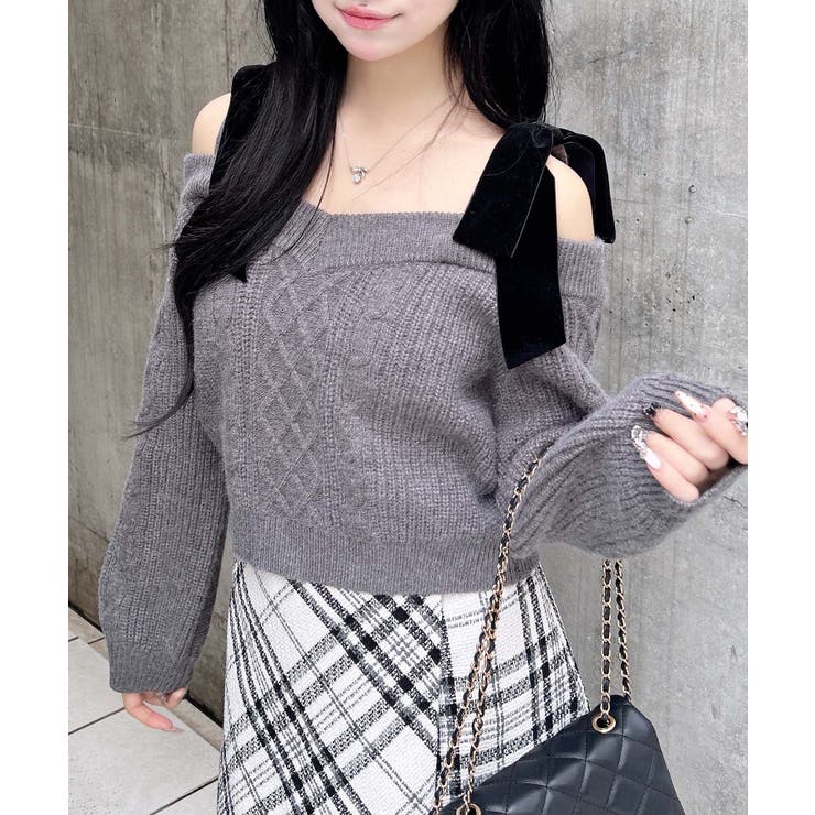 チャコールグレー | 7G 2WAYベロアリボンオフショルケーブルニット | INGNI 