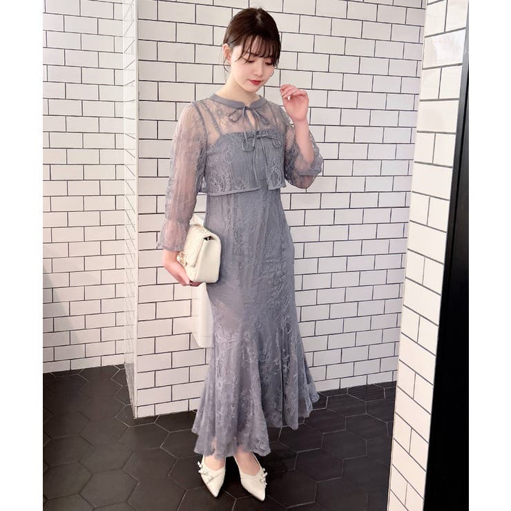グレーブルー/A | レースリボンブラウス+キャミワンピースセット | INGNI 