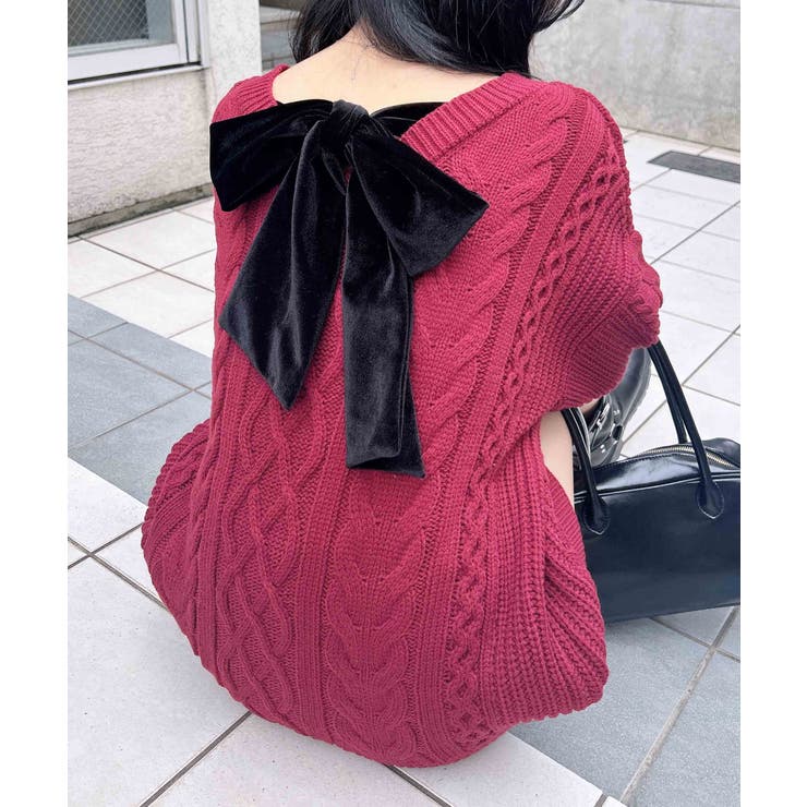 ボルドー/クロ | 5G Backベロアリボンケーブルチュニックニット | INGNI 