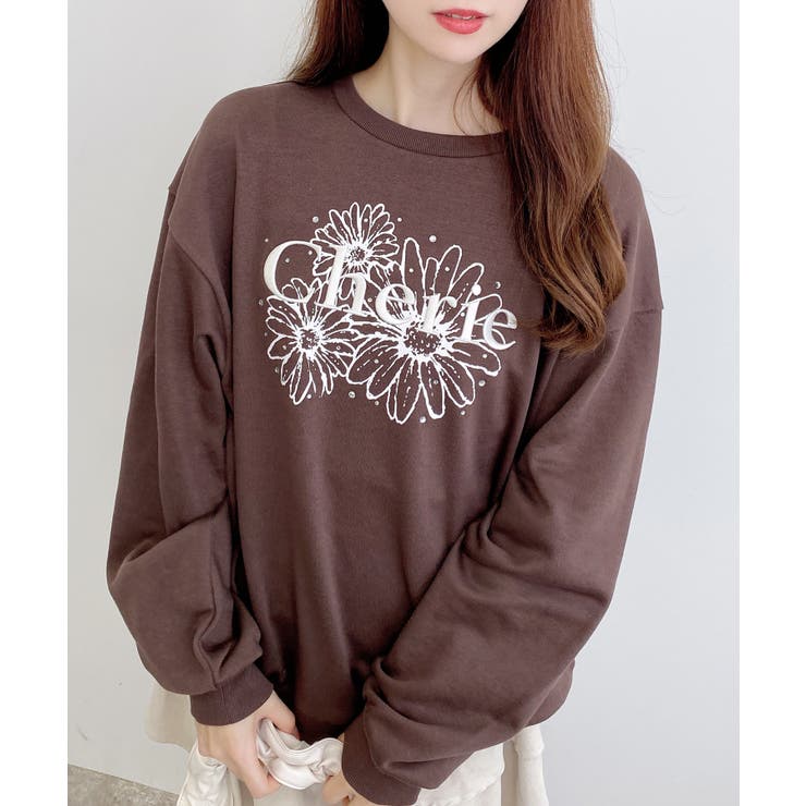 ブラウン/オフホワイト | フラワーロゴ裏毛トップス | INGNI 