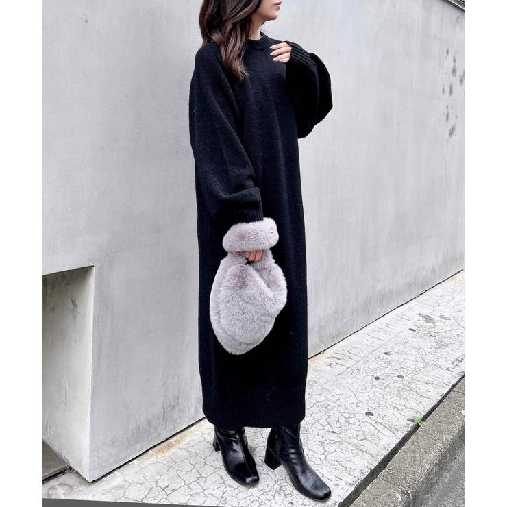 モックネックバックスリットニットワンピース[品番：INGW0010348