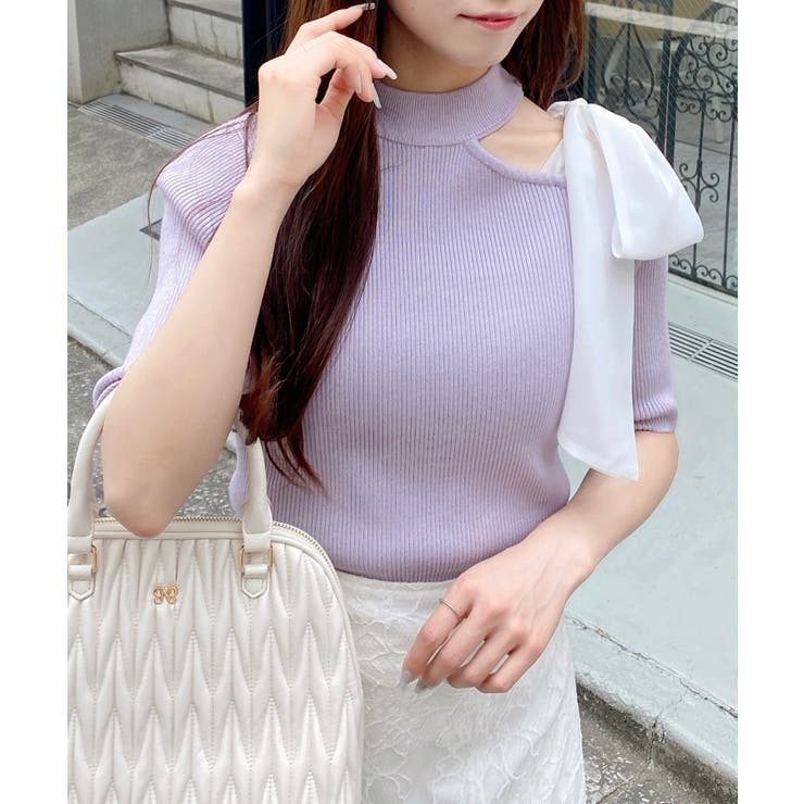 ワンショルシアーリボン半袖ニット[品番：INGW0010772]｜INGNI