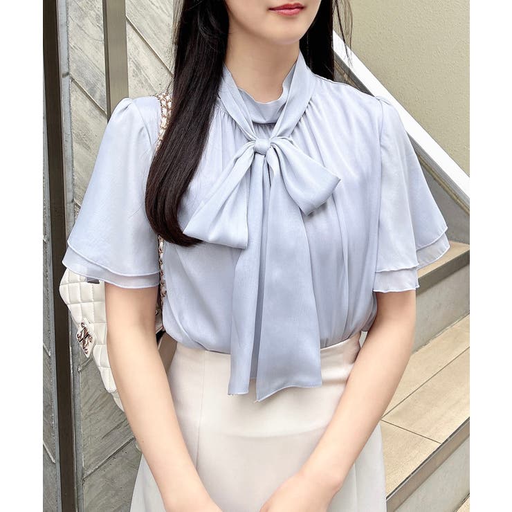 ブルーグレー | 【WEB限定】ラメシアー2wayリボンフレアスリーブブラウス | INGNI 