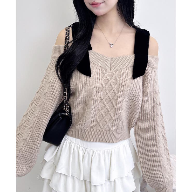 ベージュ | 7G 2WAYベロアリボンオフショルケーブルニット | INGNI 