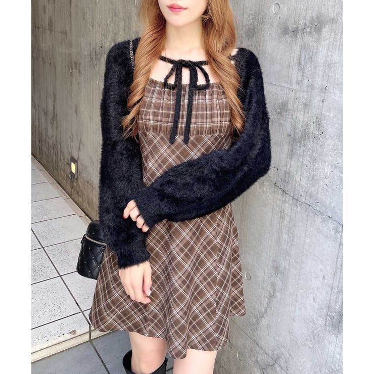 クロ/ブラウンチェック | 7Gフェザーボレロニット+CK柄ミニキャミワンピ | INGNI 